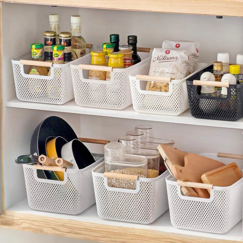 Cesto plástico Organizador Com Alça de Madeira